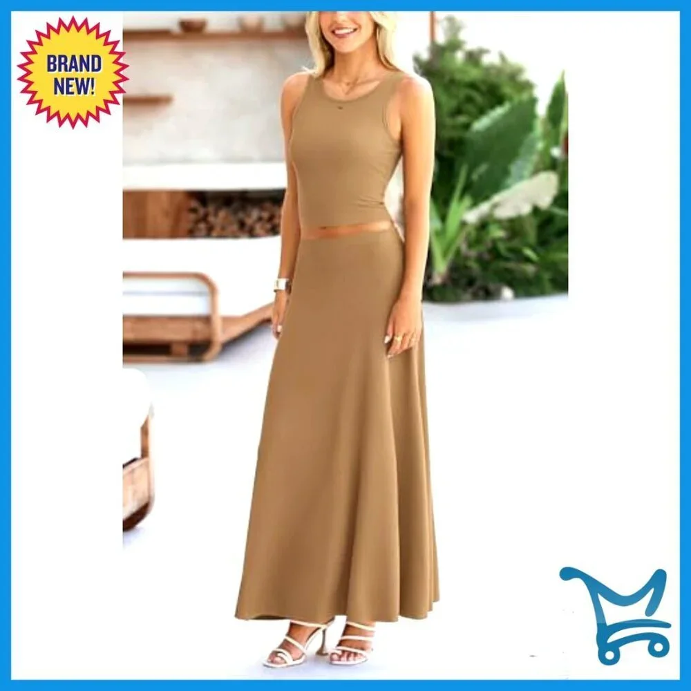 Knit Cropped Tank Maxi Skirt Set Elegant Chic Summer Outfit Matching